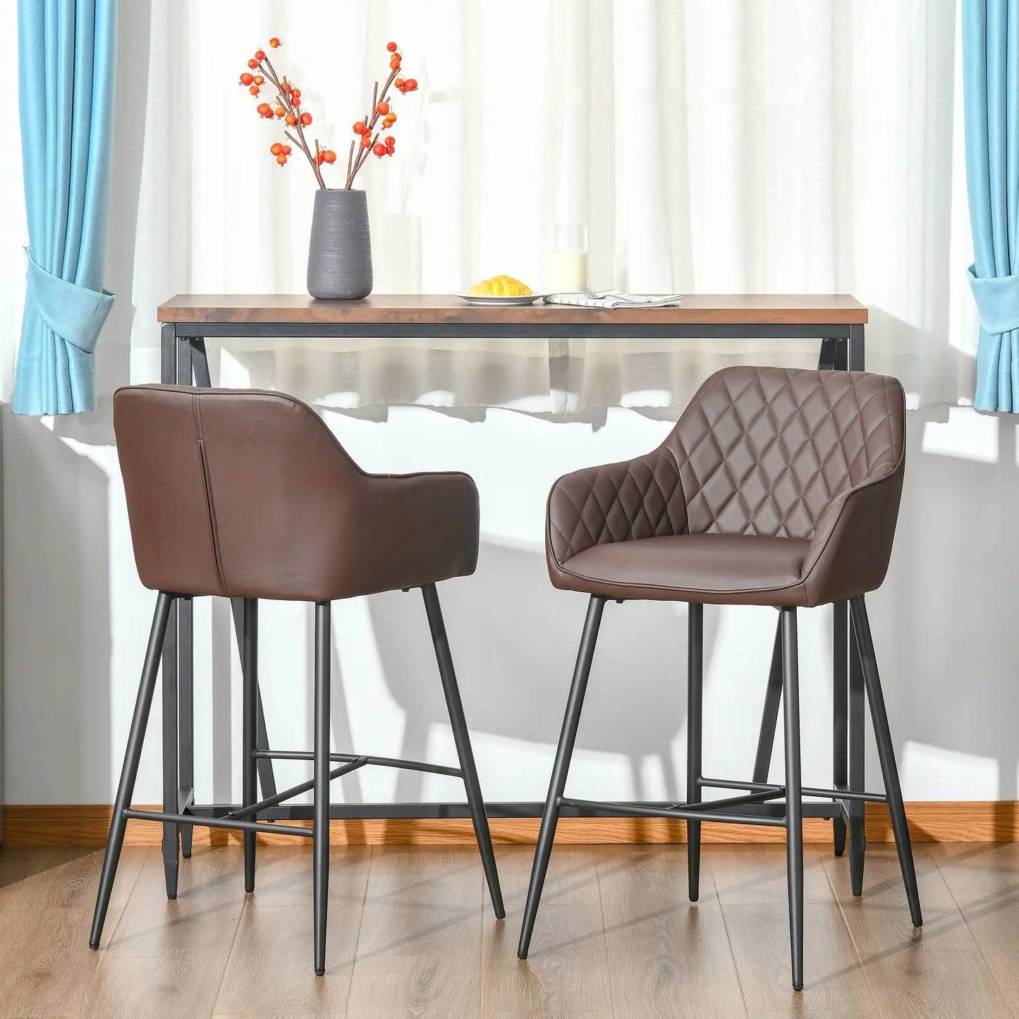HOMCOM Set of 2 Bar stools Retro PU Leather Bar Chairs w/ Footrest Brown