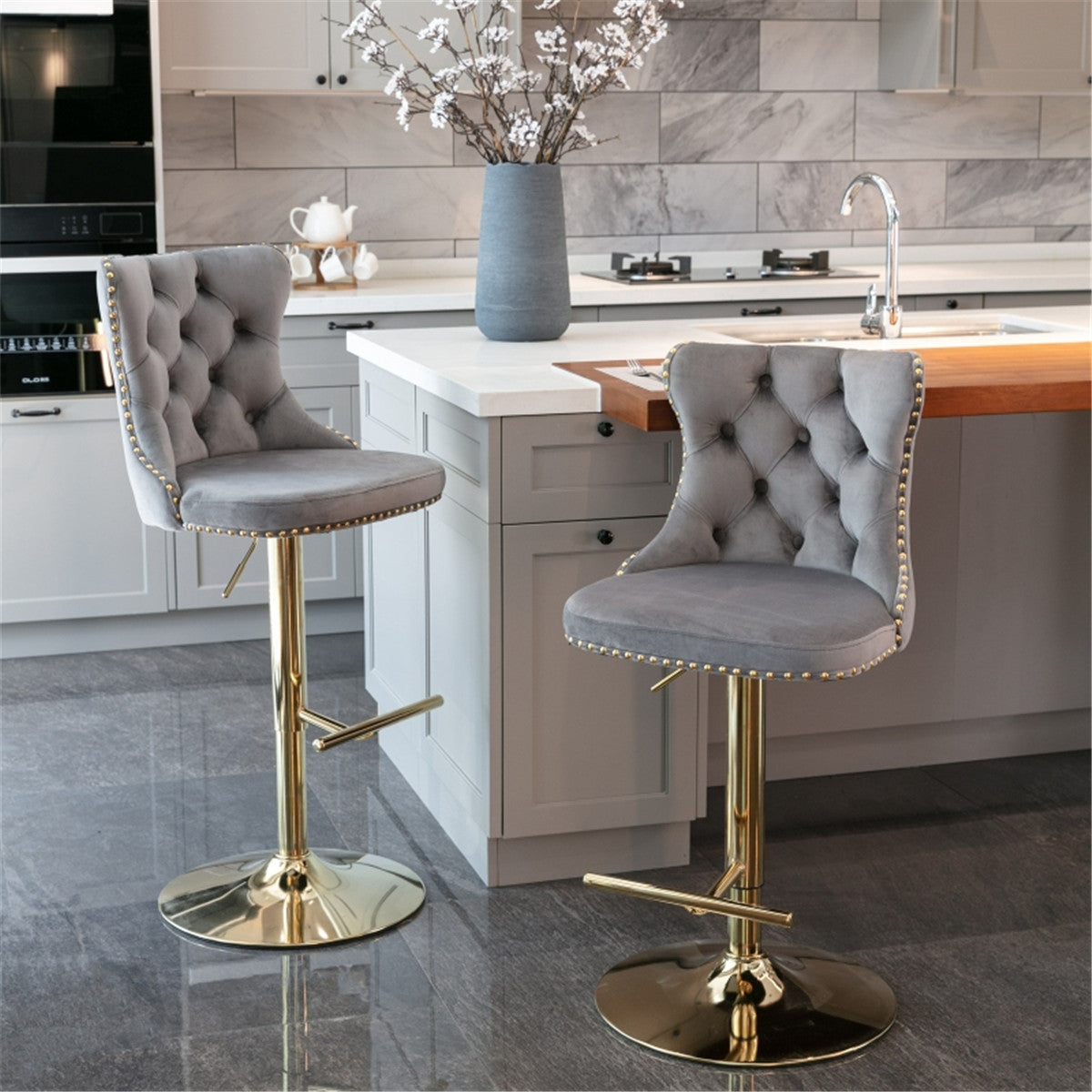 Grey Velvet Bar Stools / Dining Chair Set of 2