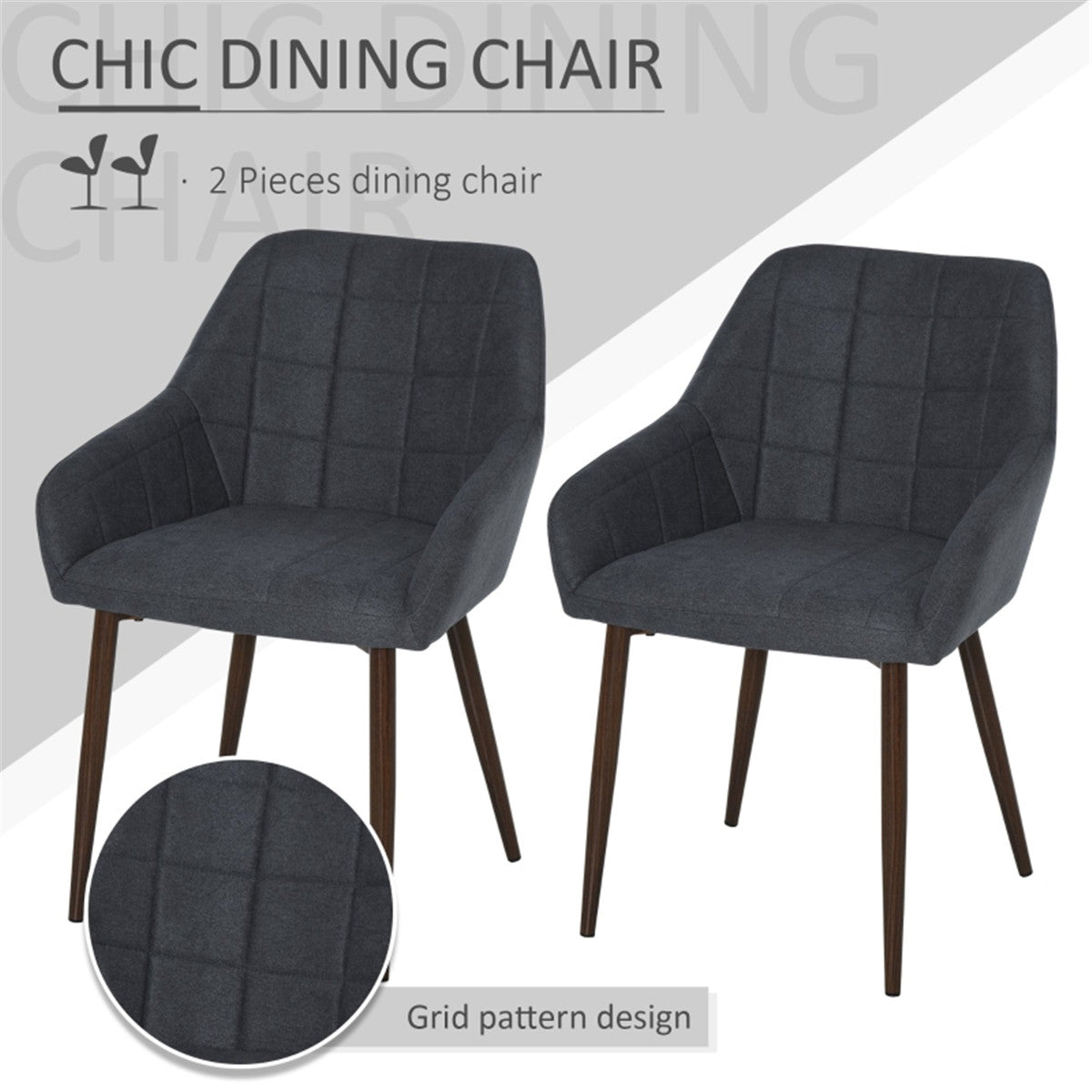 HOMCOM 2 Pieces Linen-Touch Fabric Dining Chair with Grid Pattern, Dark Grey