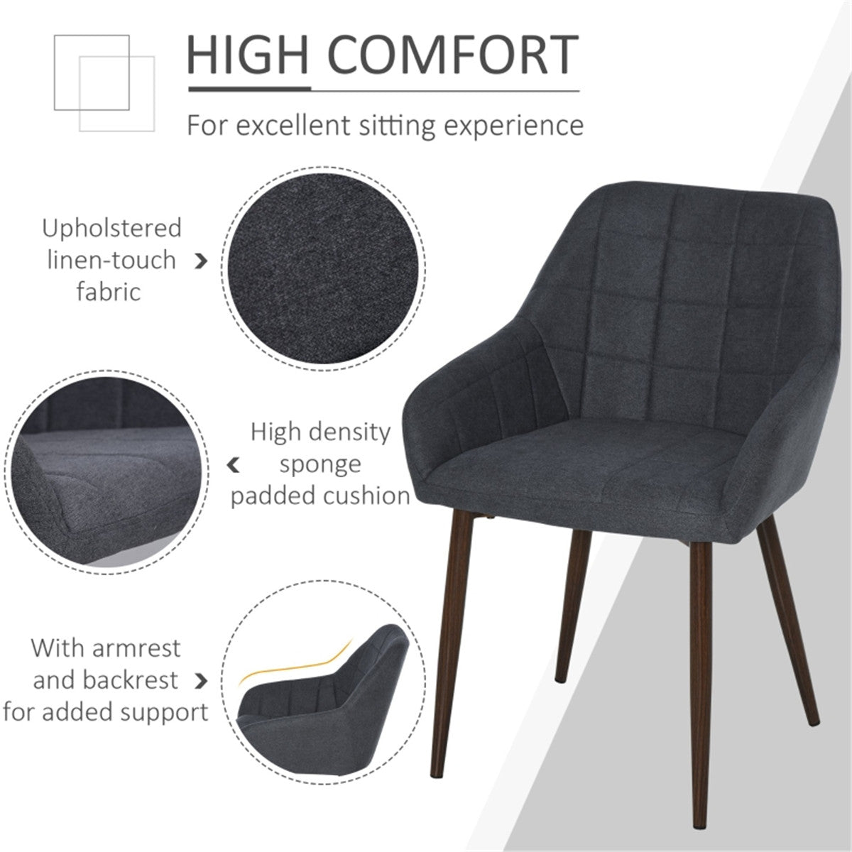 HOMCOM 2 Pieces Linen-Touch Fabric Dining Chair with Grid Pattern, Dark Grey