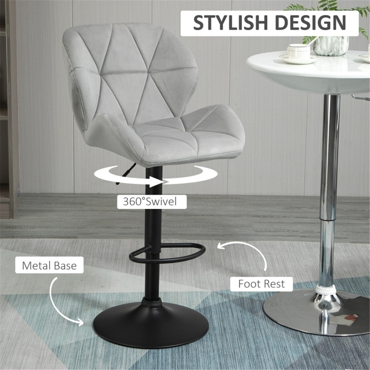 HOMCOM Adjustable Bar Stools Set of 2, Armless Upholstered Swivel,  Light Grey