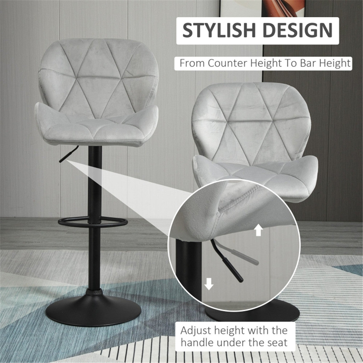 HOMCOM Adjustable Bar Stools Set of 2, Armless Upholstered Swivel,  Light Grey