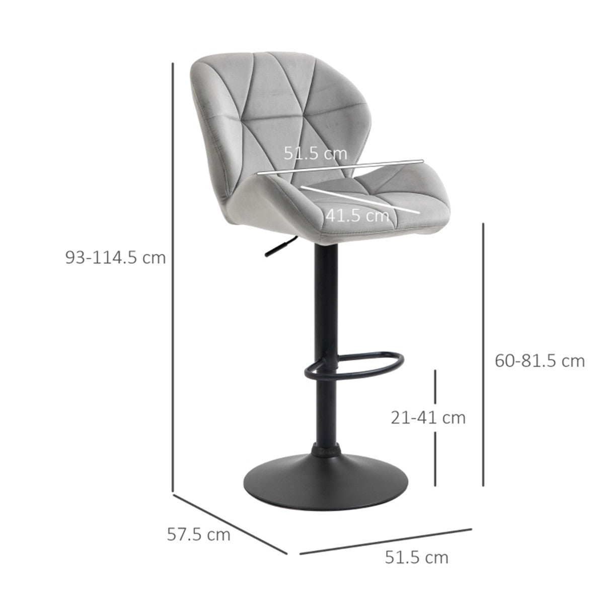 HOMCOM Adjustable Bar Stools Set of 2, Armless Upholstered Swivel,  Light Grey