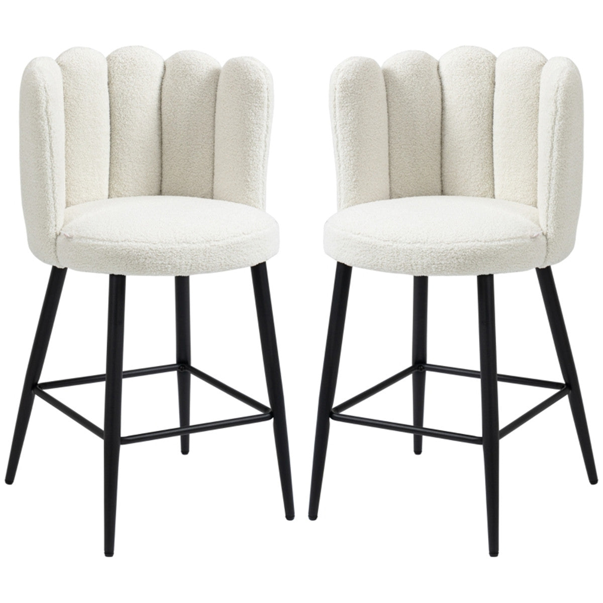 HOMCOM Bar Stools Set of 2, Faux Cashmere Upholstered Breakfast Bar Chairs, Modern Kitchen Stools with Backs, Footrest and Steel Base, Cream