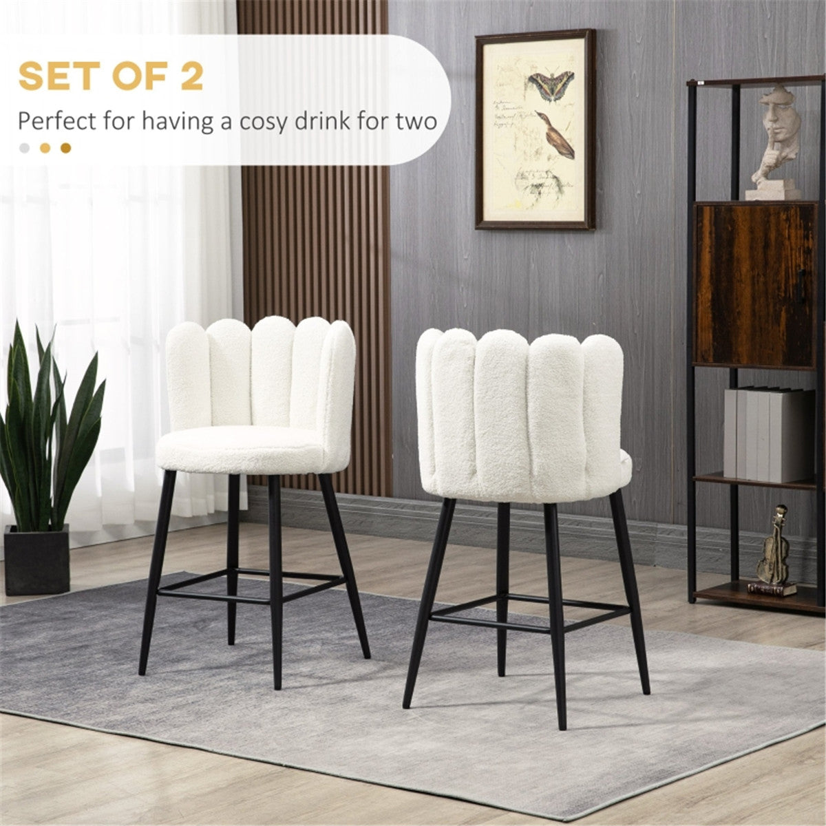 HOMCOM Bar Stools Set of 2, Faux Cashmere Upholstered Breakfast Bar Chairs, Cream