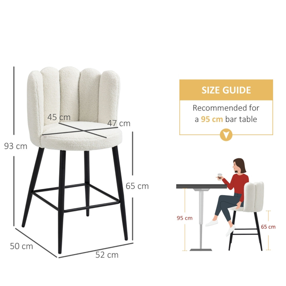 HOMCOM Bar Stools Set of 2, Faux Cashmere Upholstered Breakfast Bar Chairs, Cream