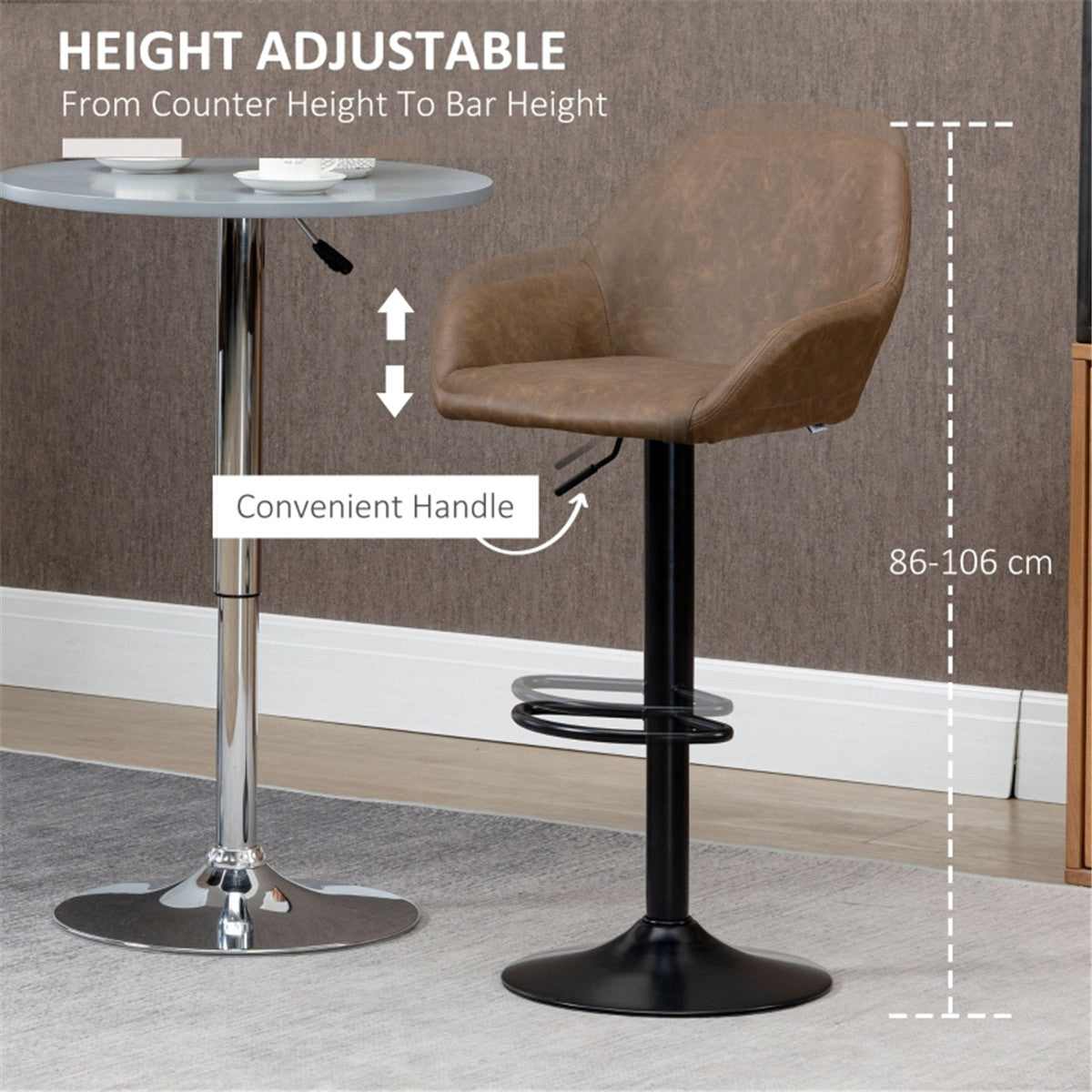 HOMCOM Bar Stools Set of 2, Height Adjustable Swivel Barstools, PU Leather, Dark Brown