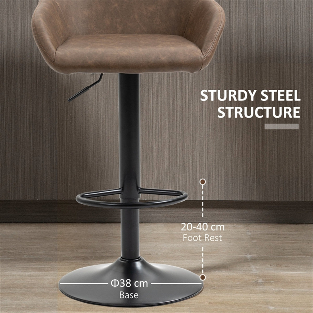 HOMCOM Bar Stools Set of 2, Height Adjustable Swivel Barstools, PU Leather, Dark Brown