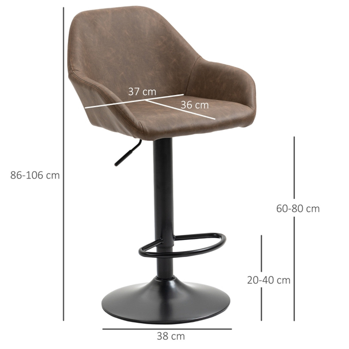 HOMCOM Bar Stools Set of 2, Height Adjustable Swivel Barstools, PU Leather, Dark Brown
