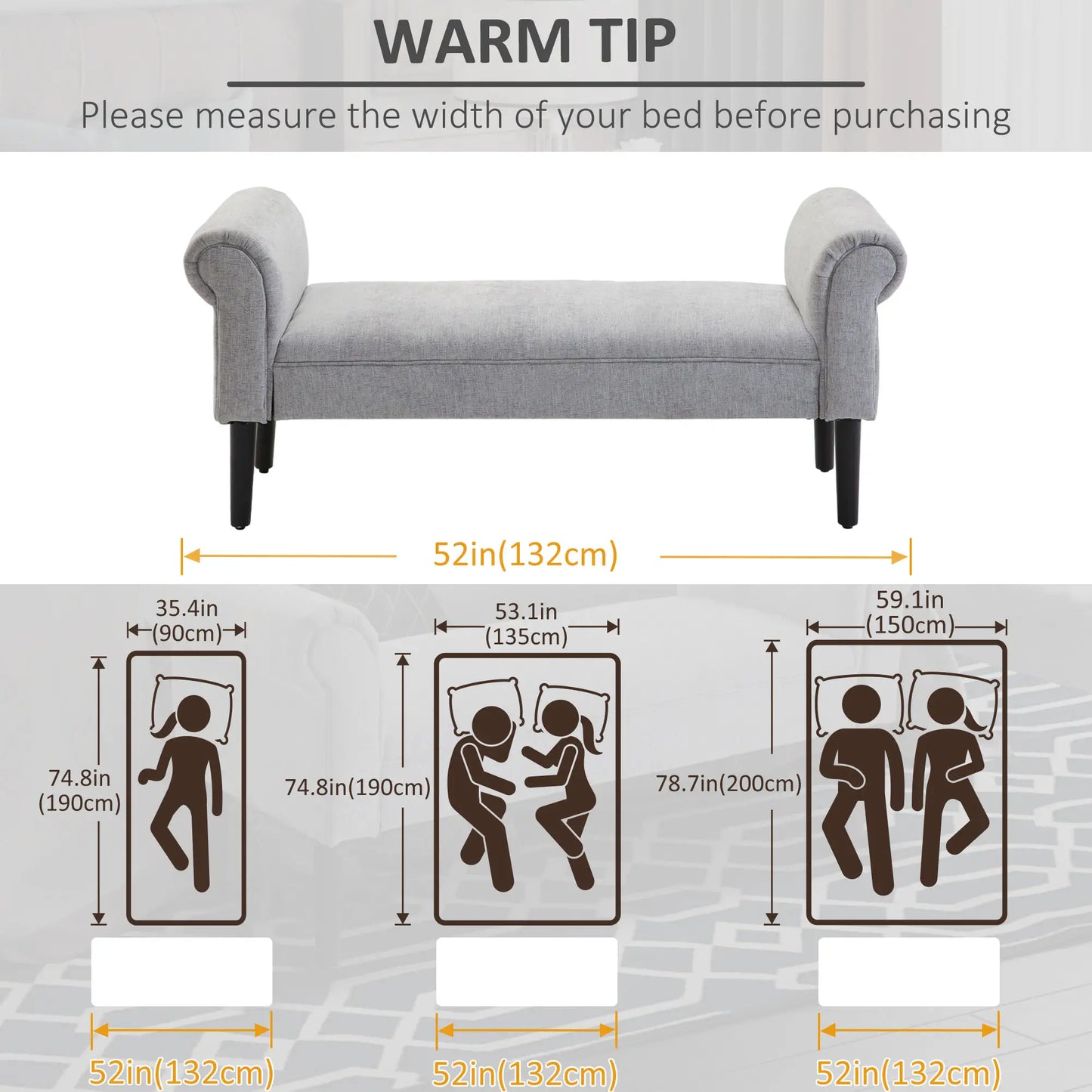 HOMCOM Bed End Bench, Window Seat, Linen Chaise Lounge Sofa with Arm Grey