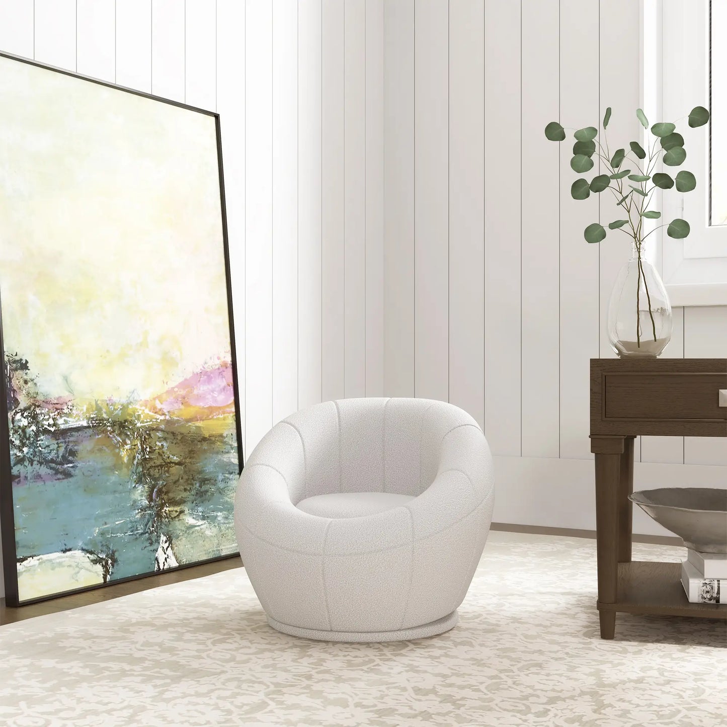 HOMCOM Modern Accent Chair, Swivel Upholstered Armchair for Living Room, Bedroom, Home Office, White