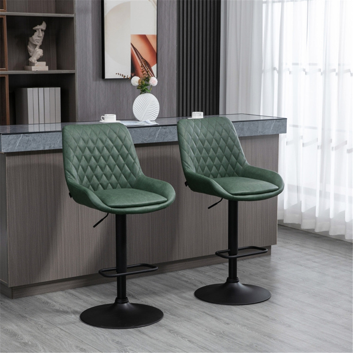 HOMCOM Retro Bar Stools Set of 2, Adjustable Kitchen Stool, Swivel Seat, Green