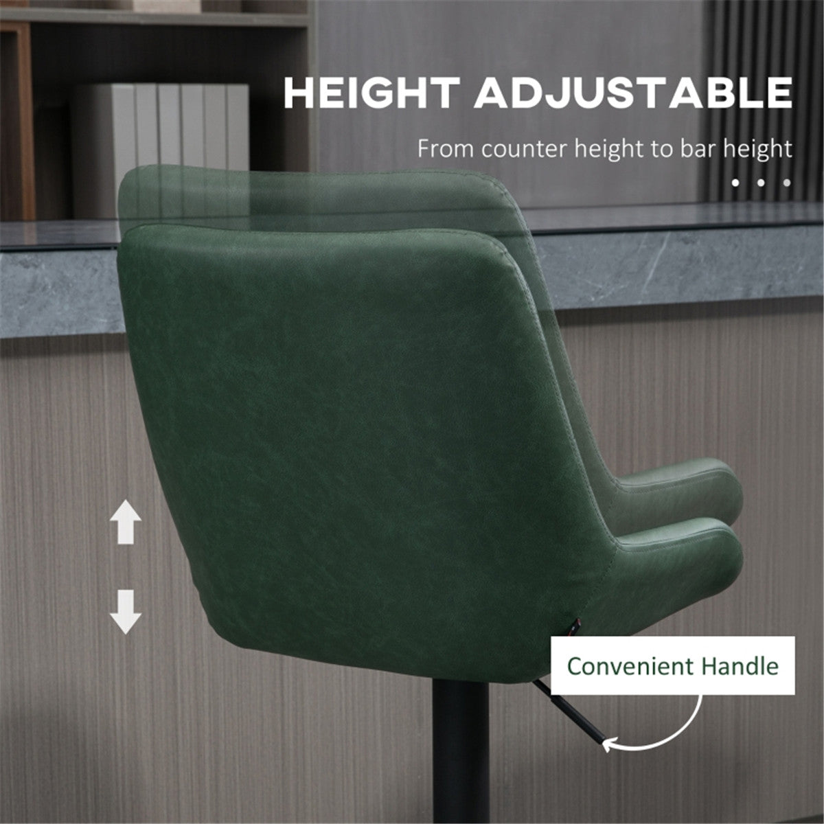 HOMCOM Retro Bar Stools Set of 2, Adjustable Kitchen Stool, Swivel Seat, Green