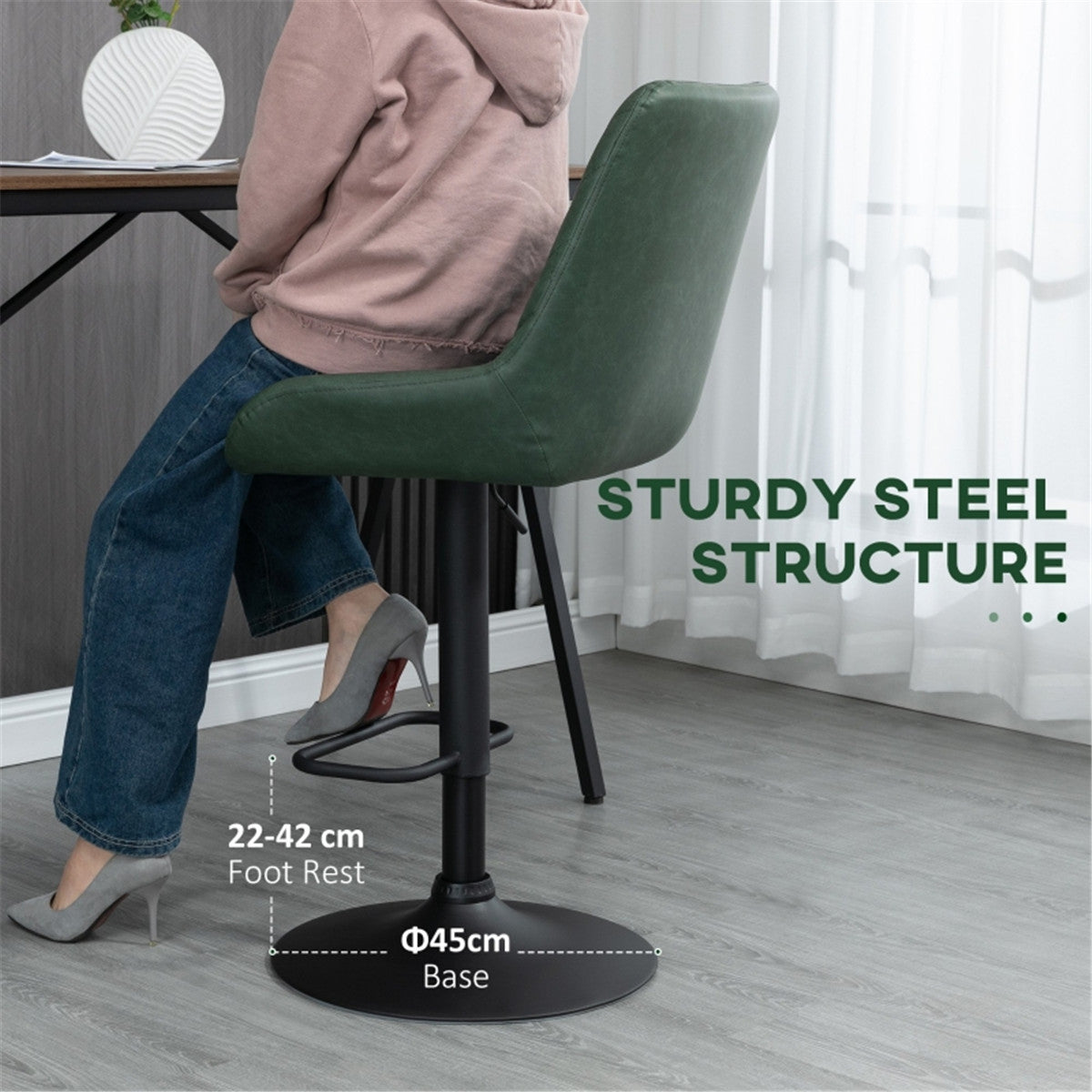 HOMCOM Retro Bar Stools Set of 2, Adjustable Kitchen Stool, Swivel Seat, Green