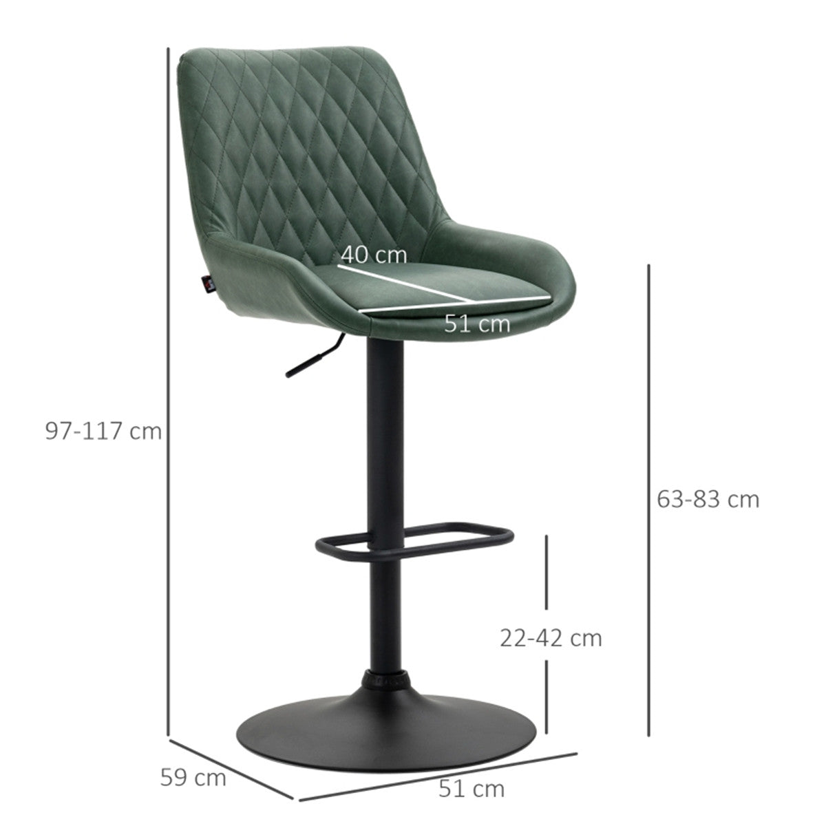 HOMCOM Retro Bar Stools Set of 2, Adjustable Kitchen Stool, Swivel Seat, Green