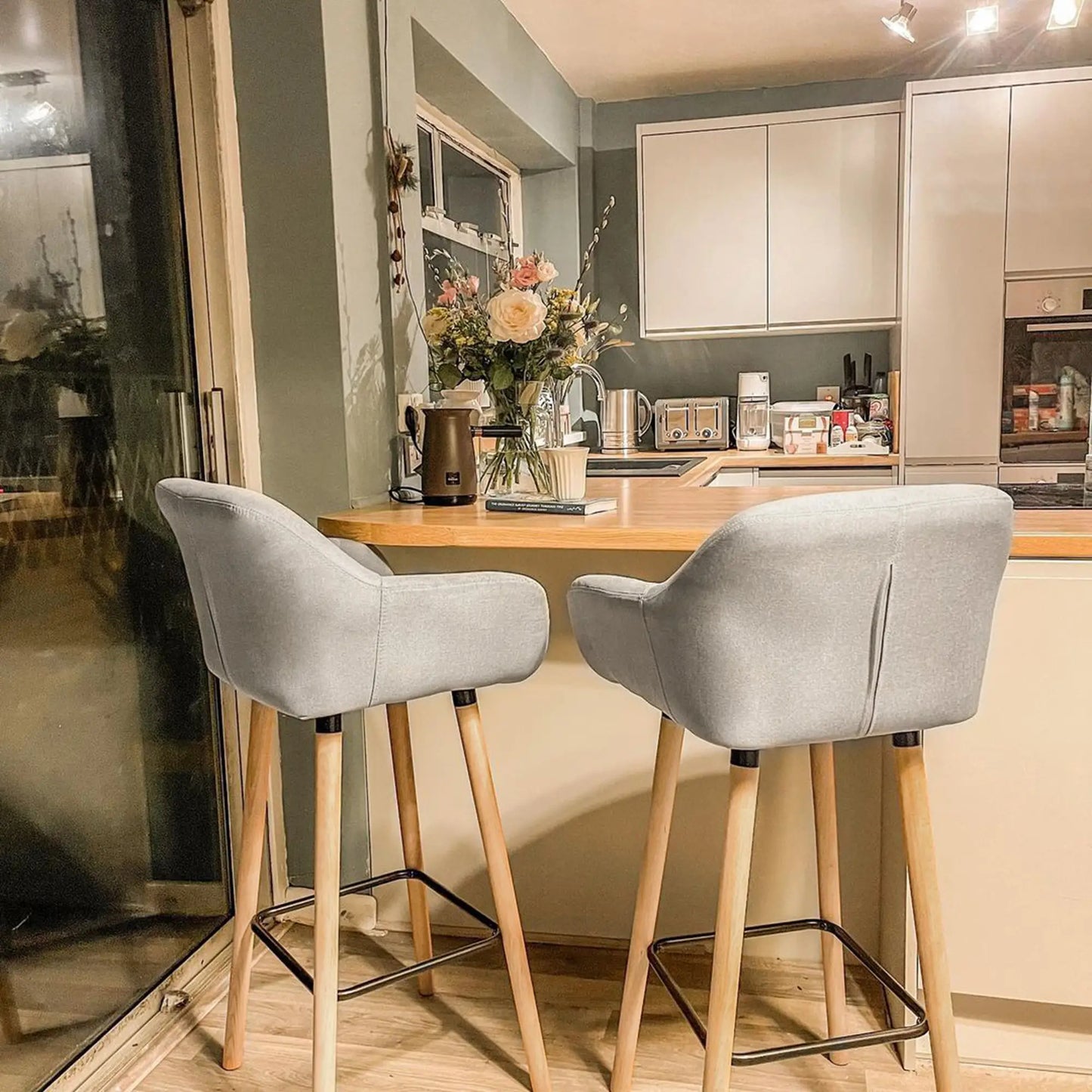 HOMCOM Set of 2 Bar Stools Modern Upholstered Seat Bar Chairs Beige