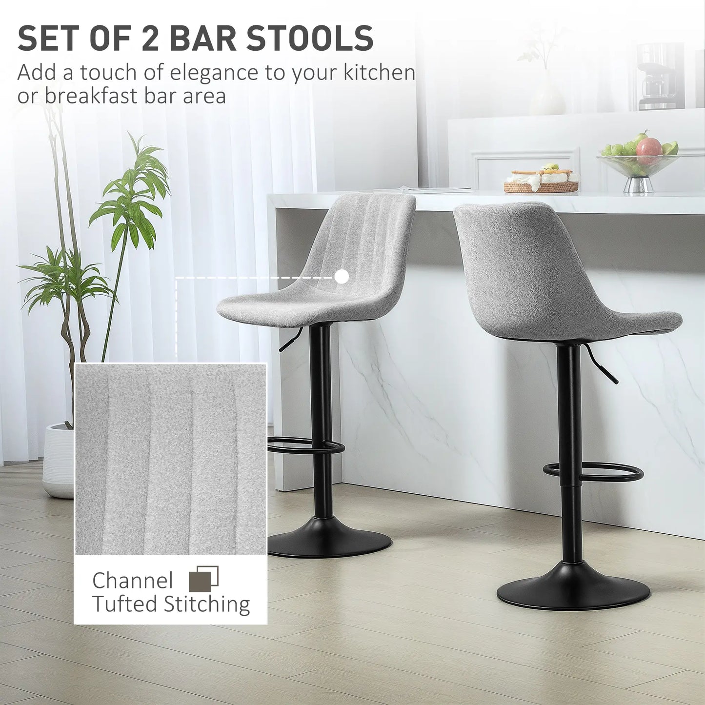 HOMCOM Set of 2 Chenille-Feel Tub Bar Stools - Grey