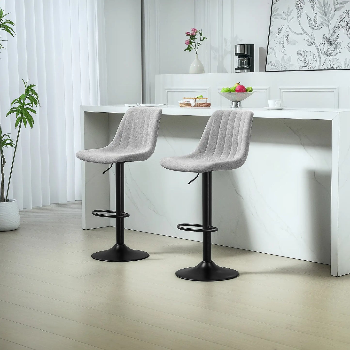 HOMCOM Set of 2 Chenille-Feel Tub Bar Stools - Grey