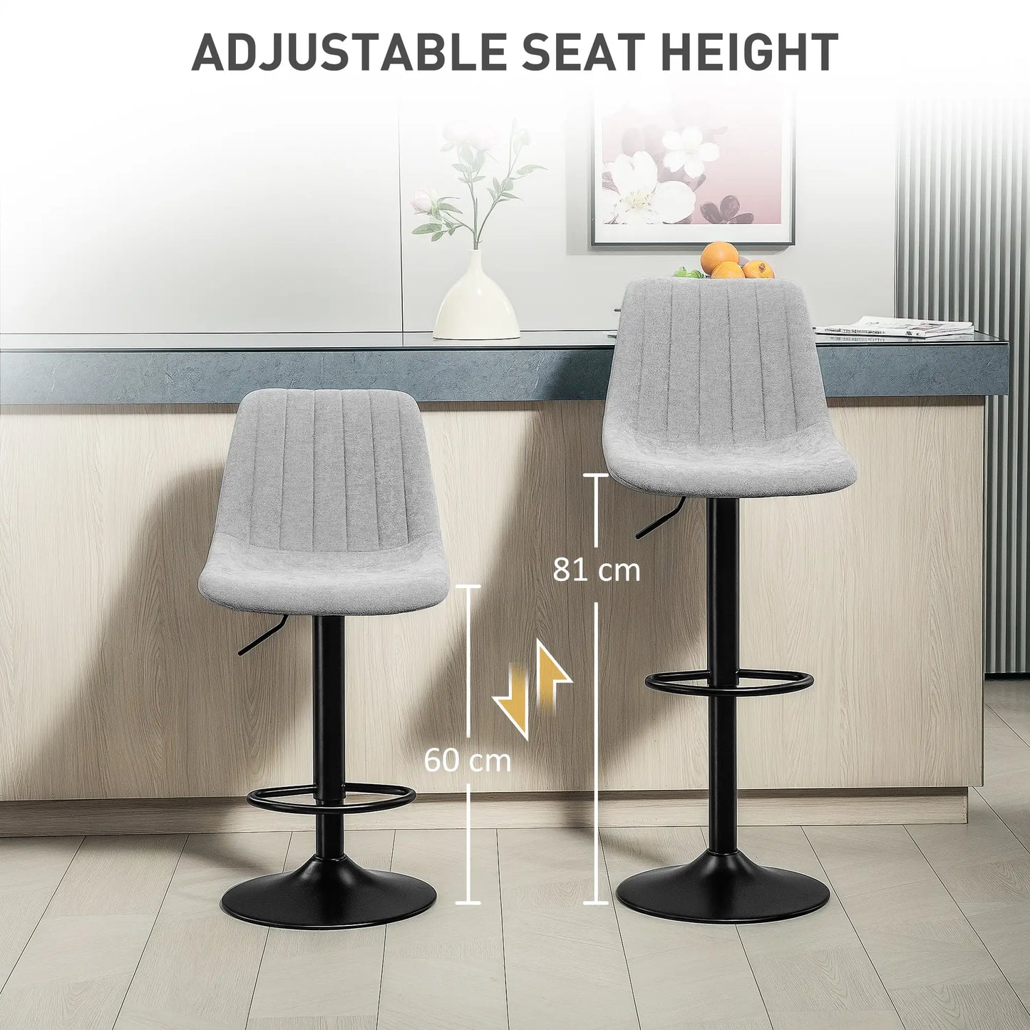 HOMCOM Set of 2 Chenille-Feel Tub Bar Stools - Grey