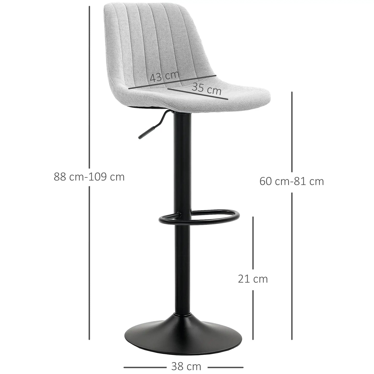 HOMCOM Set of 2 Chenille-Feel Tub Bar Stools - Grey