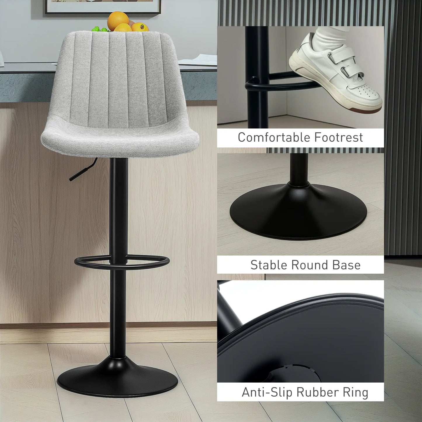 HOMCOM Set of 2 Chenille-Feel Tub Bar Stools - Grey
