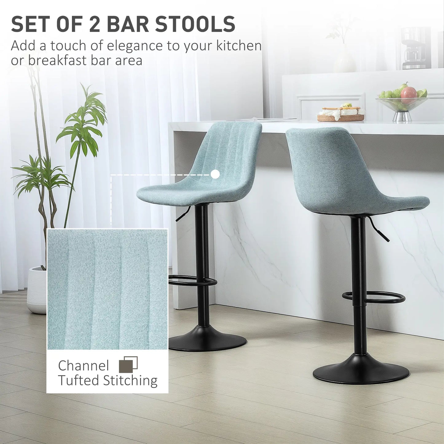 HOMCOM Set of Two Chenille-Feel Tub Bar Stools - Blue